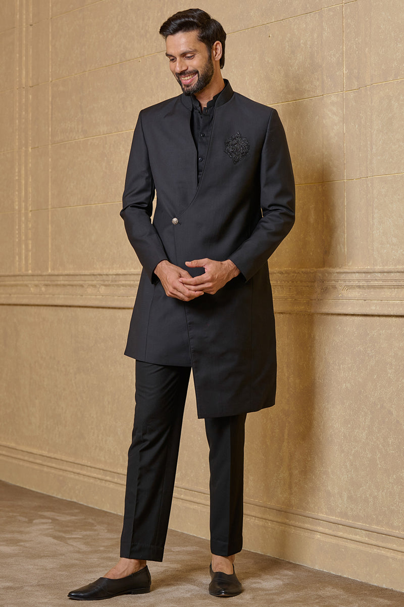 Black Asymmetric Indo Western With Embroidered Crest