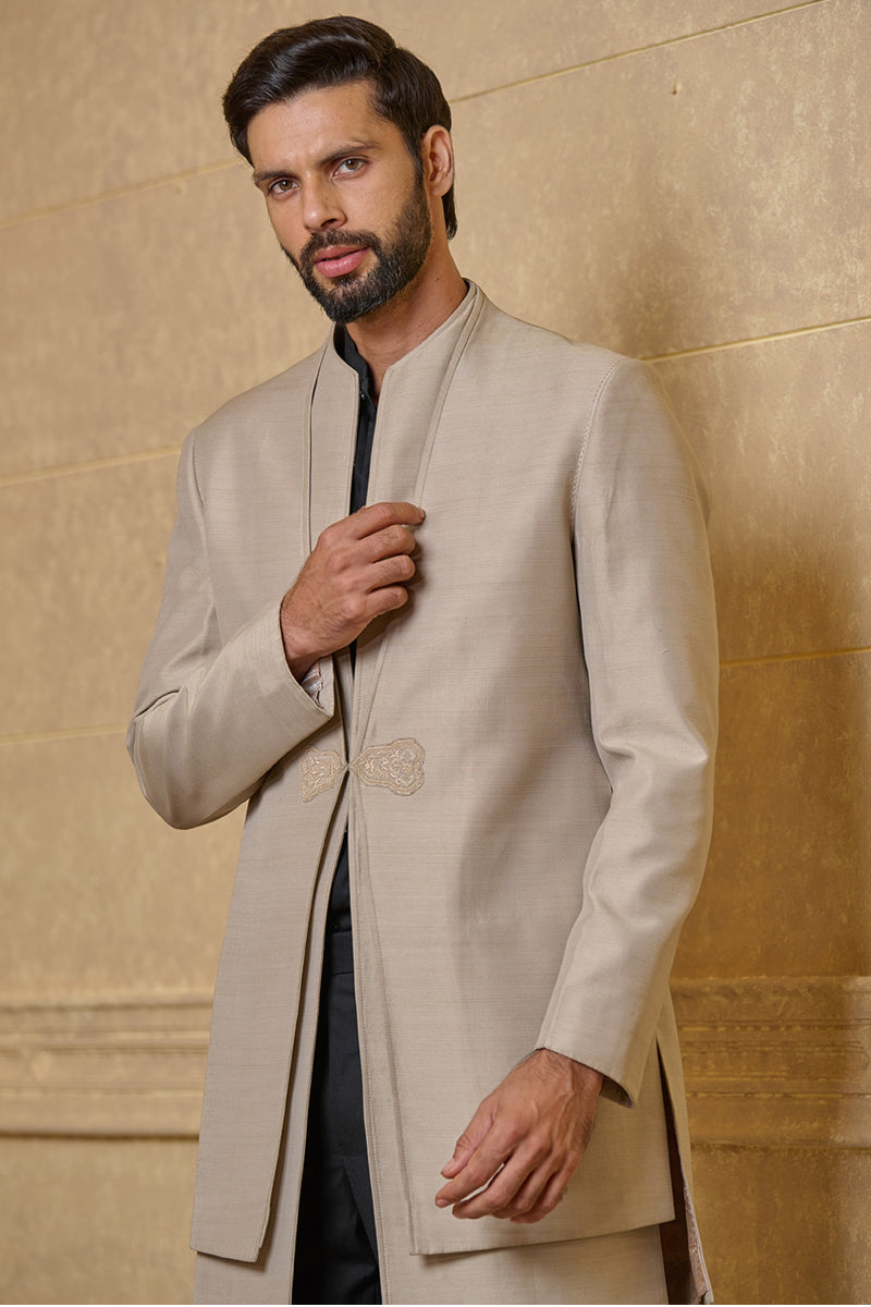 Grey Layered Indo Western With Stylized Neck