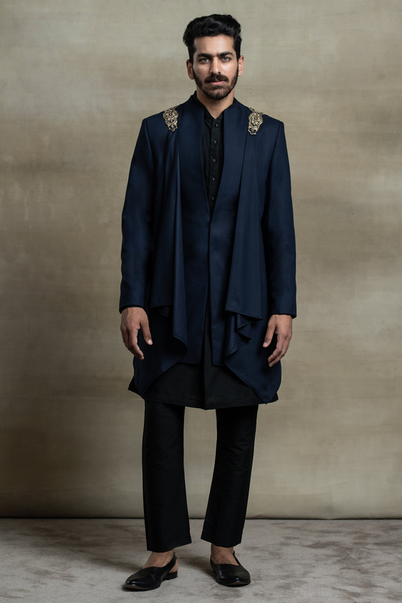 Navy Indo Western With Embroidered Patch On Shoulder