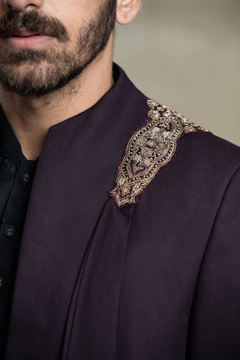 Wine Indo Western With Embroidered Patch On Shoulder