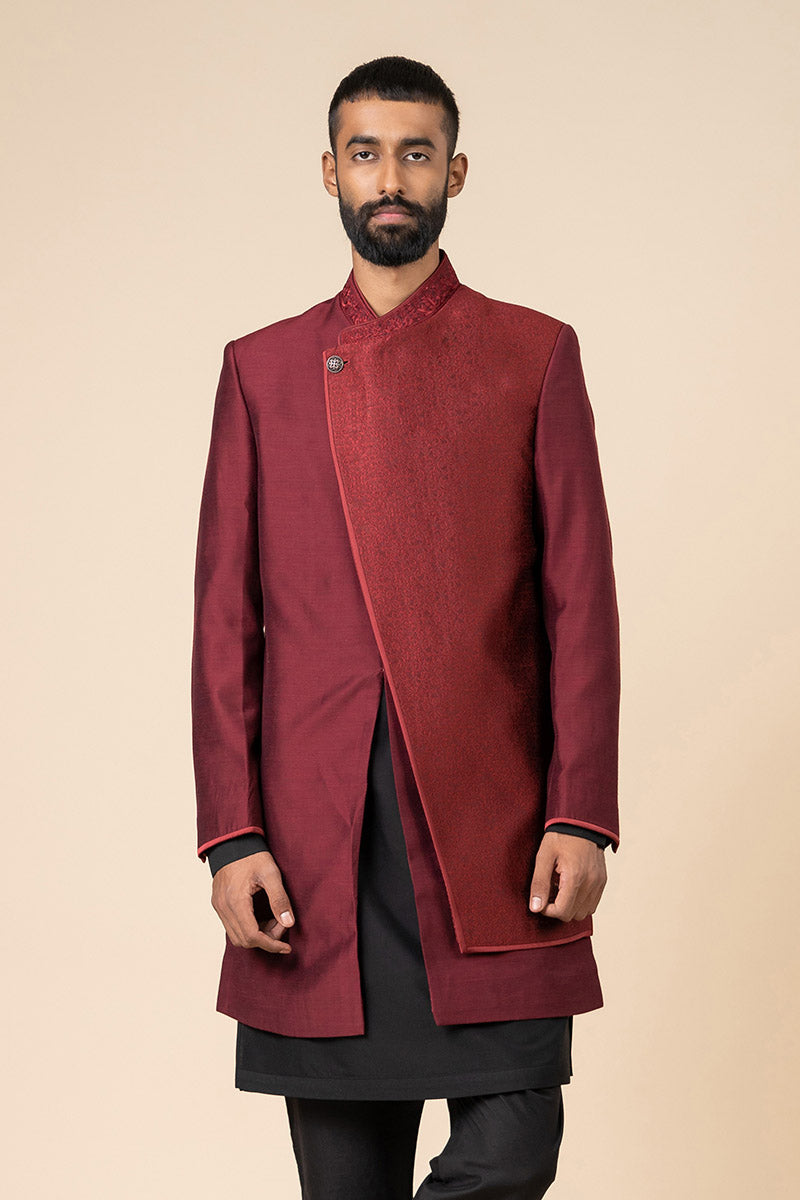 Maroon Indo Western With Jacquard Panel