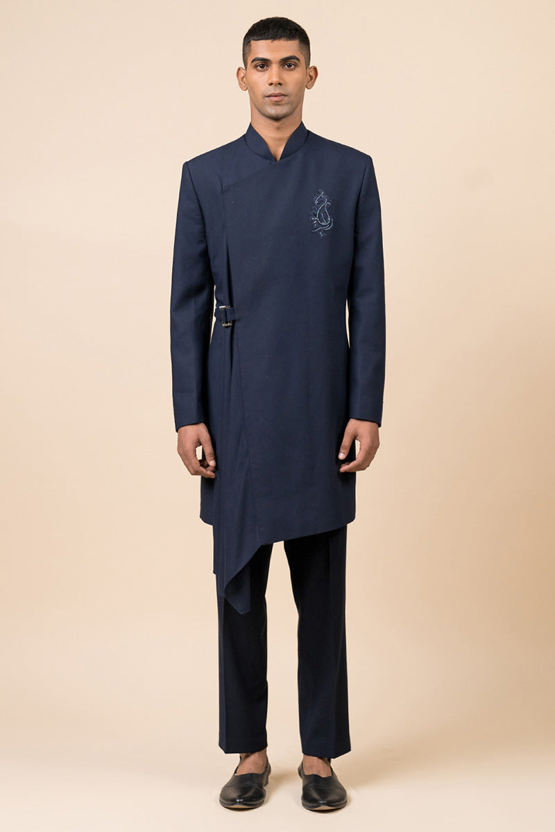 Navy Drape Indo Western With Applique Crest