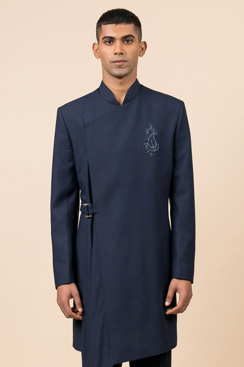 Navy Drape Indo Western With Applique Crest