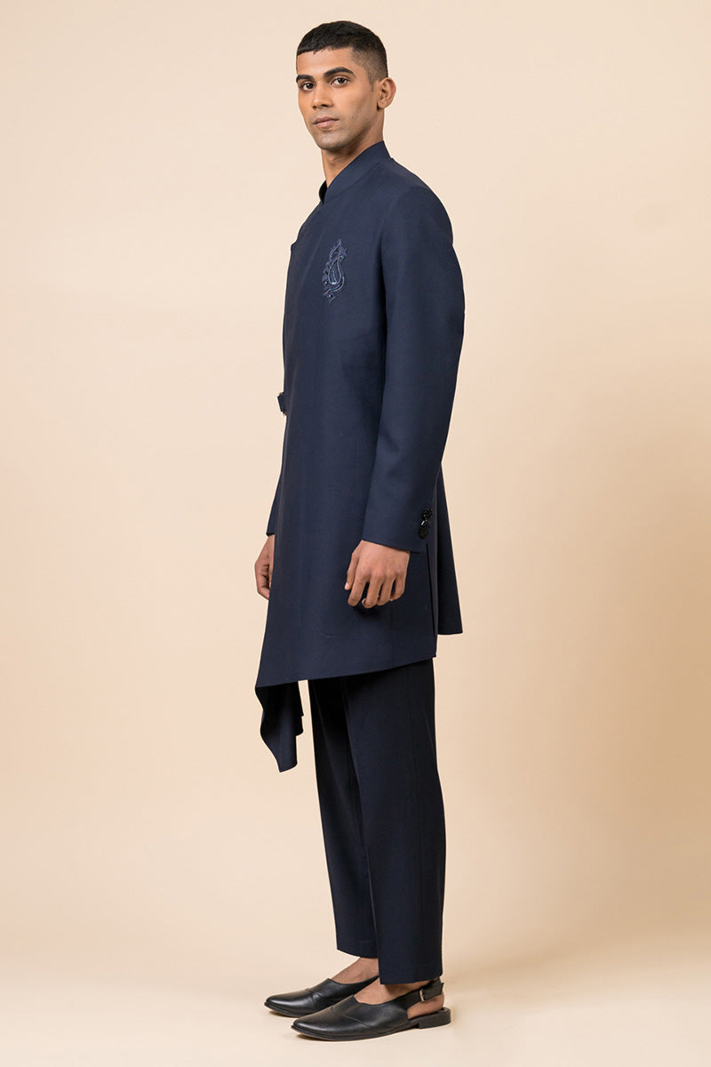 Navy Drape Indo Western With Applique Crest