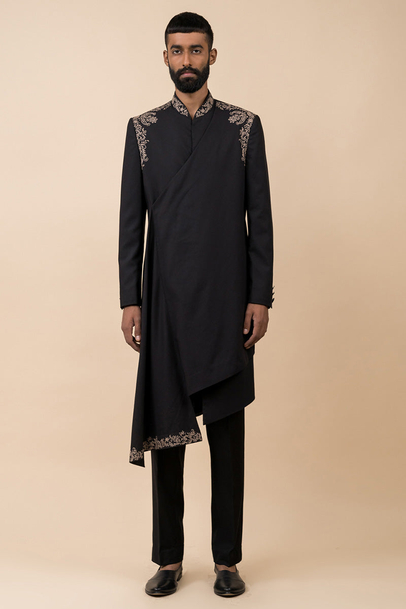 Black Asymmetric Indo Western With Drape Pattern