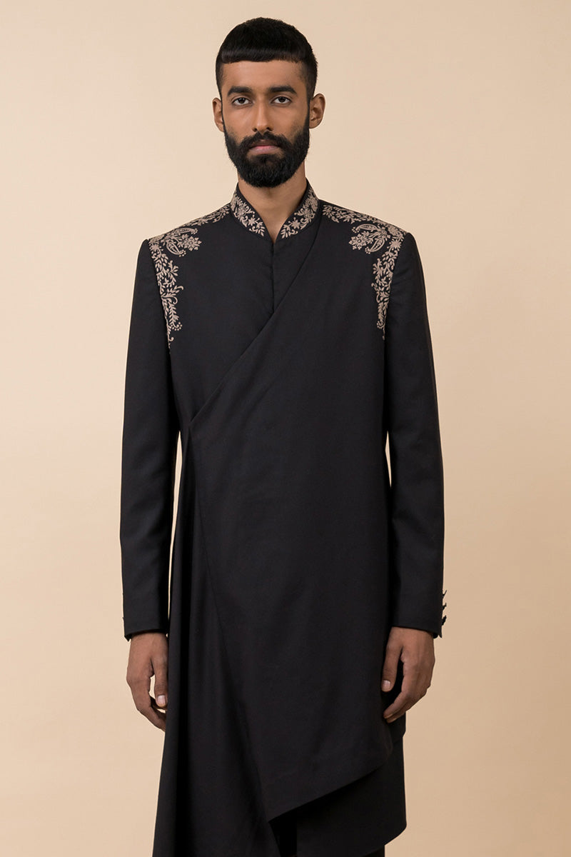 Black Asymmetric Indo Western With Drape Pattern