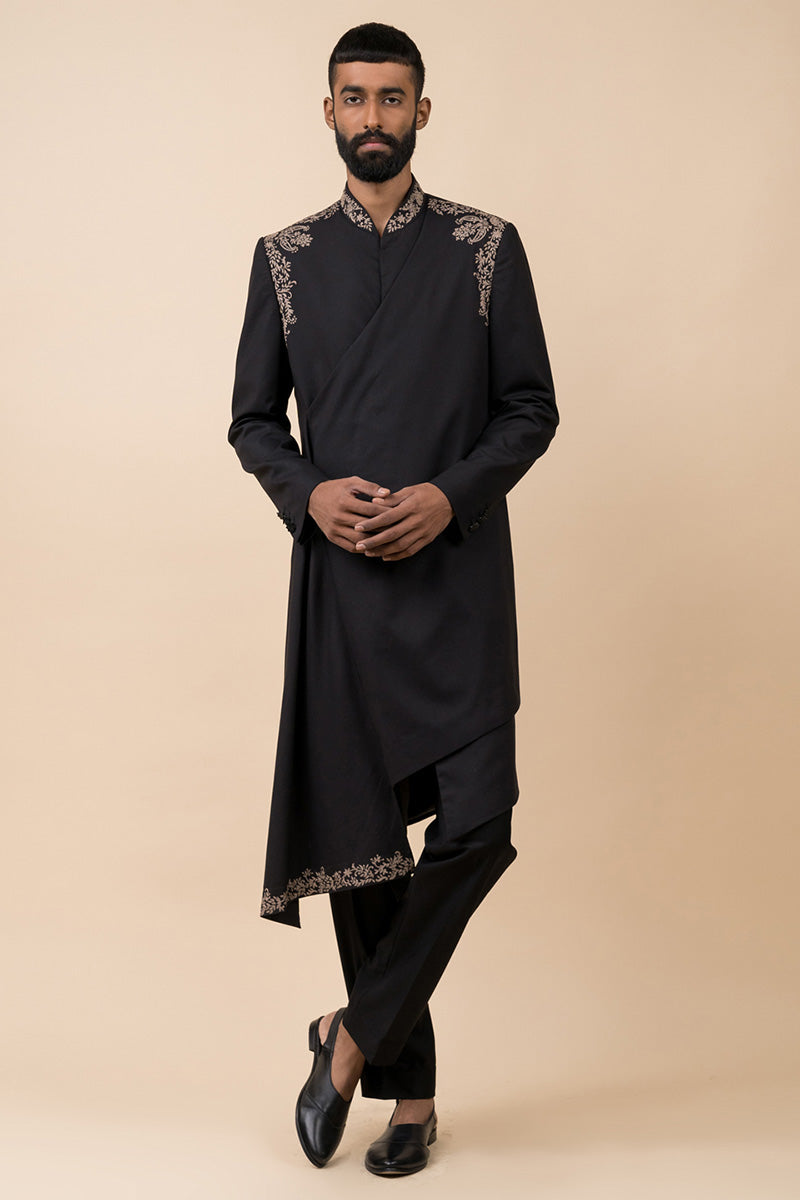 Black Asymmetric Indo Western With Drape Pattern