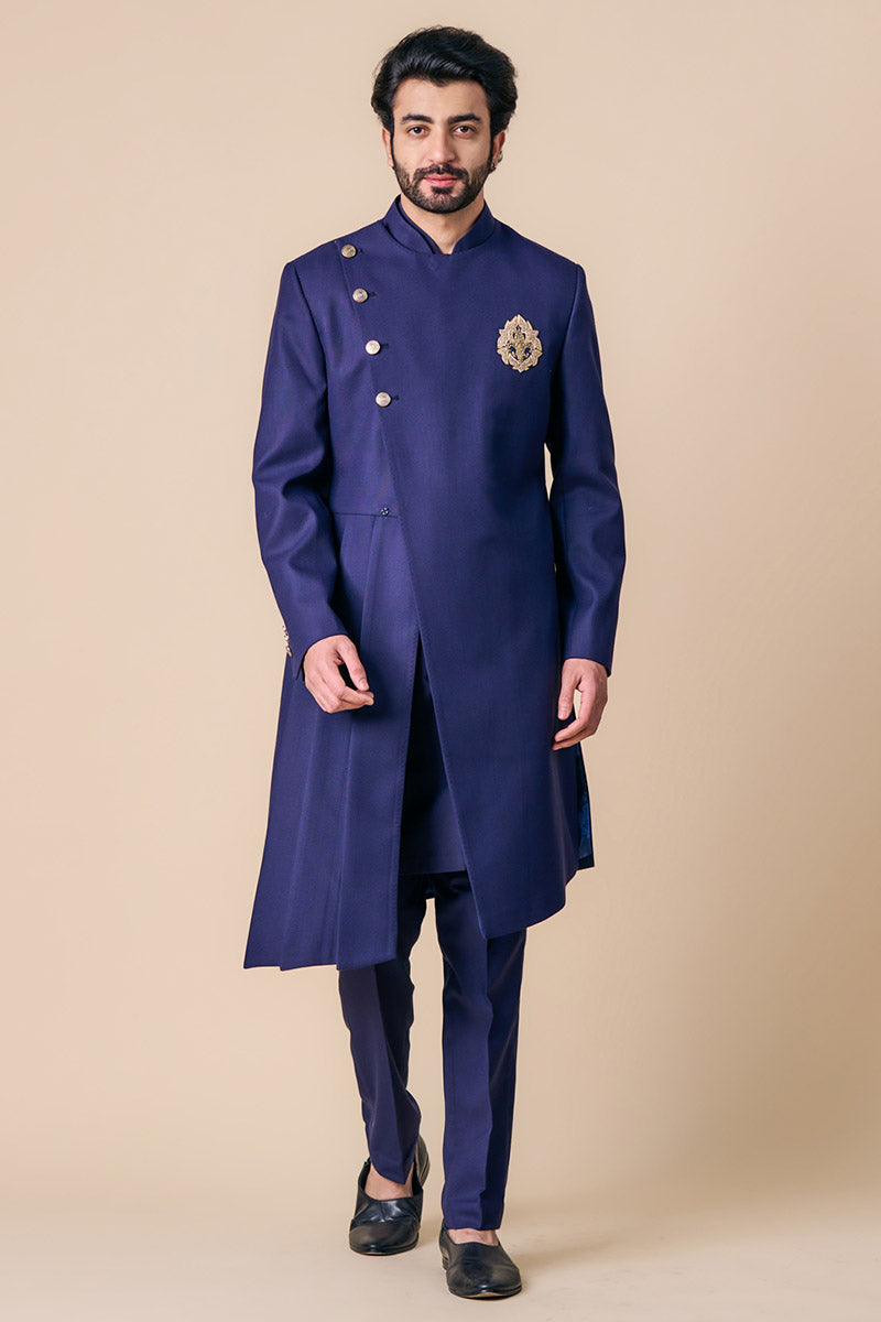 Navy Asymmetric Indo Western With Embroidered Crest