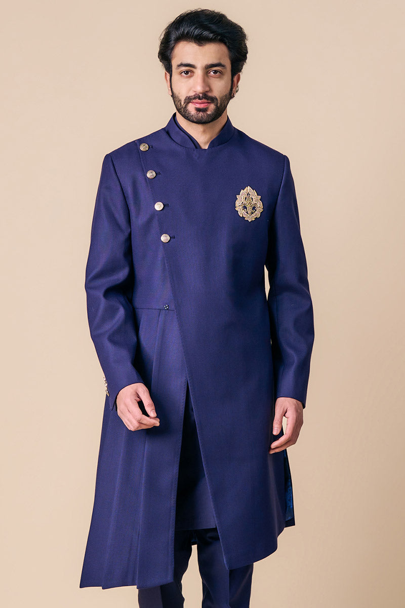 Navy Asymmetric Indo Western With Embroidered Crest