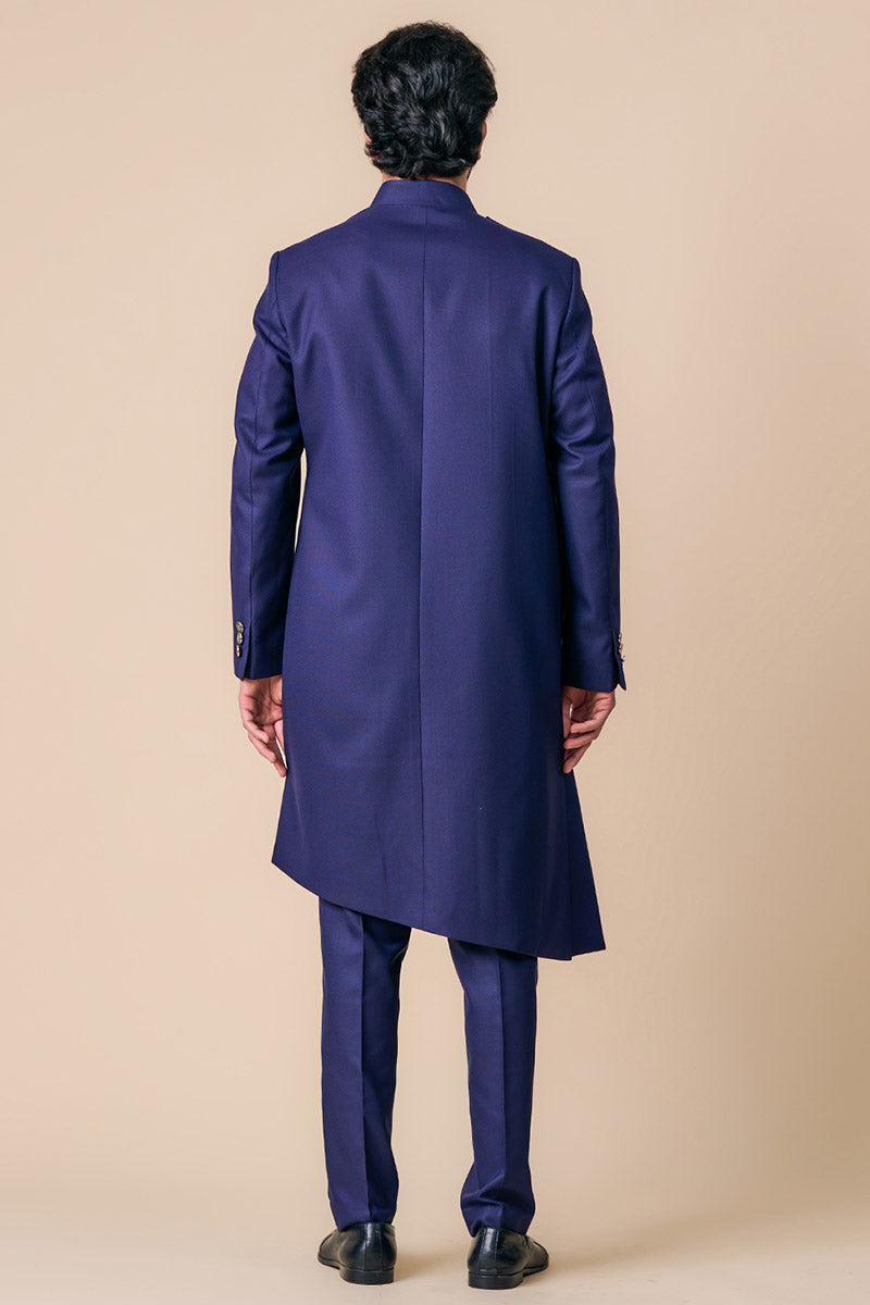 Navy Asymmetric Indo Western With Embroidered Crest