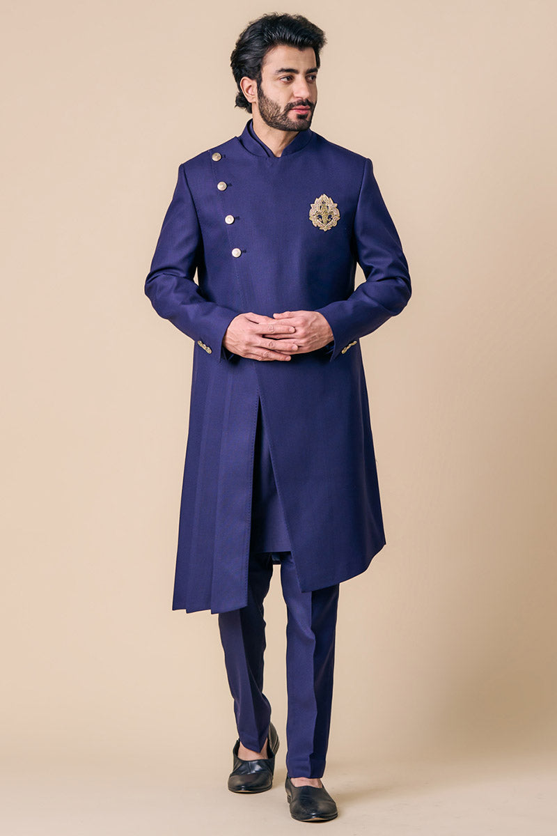 Navy Asymmetric Indo Western With Embroidered Crest