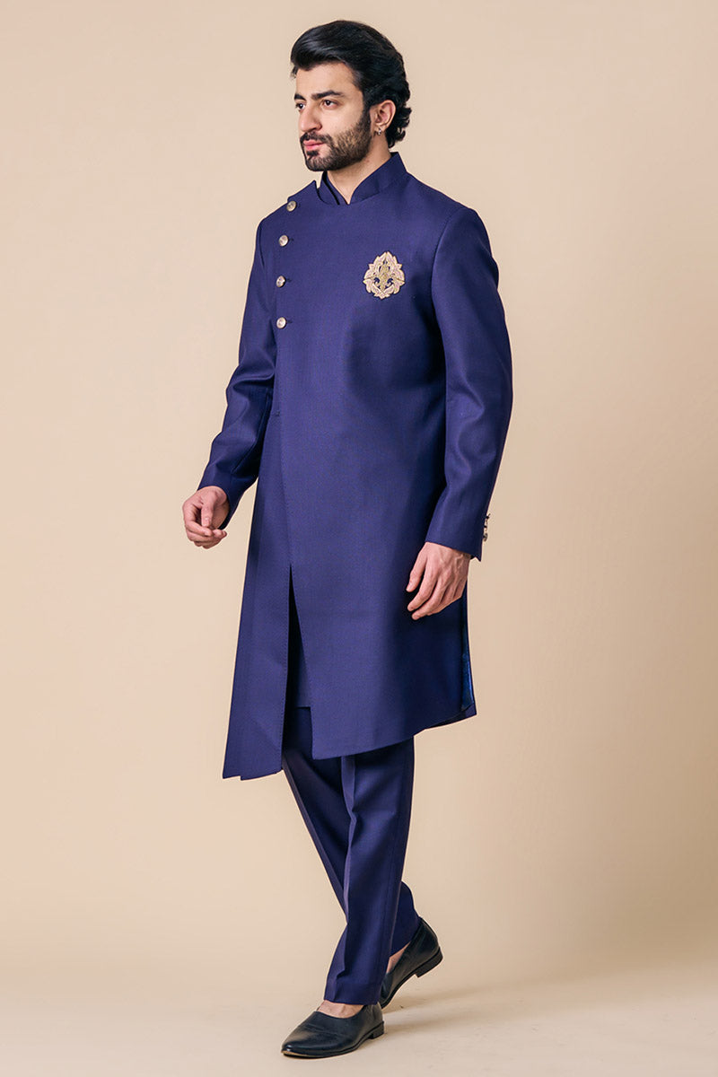 Navy Asymmetric Indo Western With Embroidered Crest