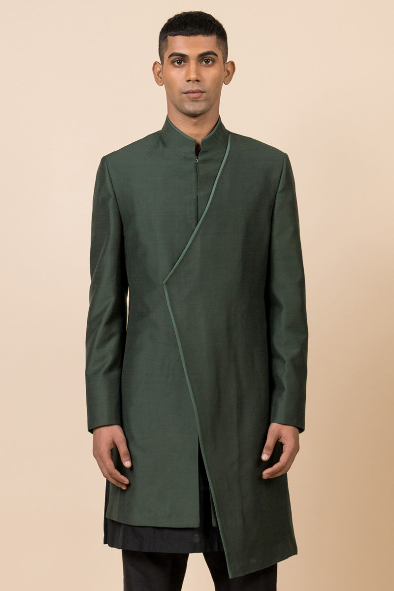 Dark Green Asymmetrical Front Panel Indo Western