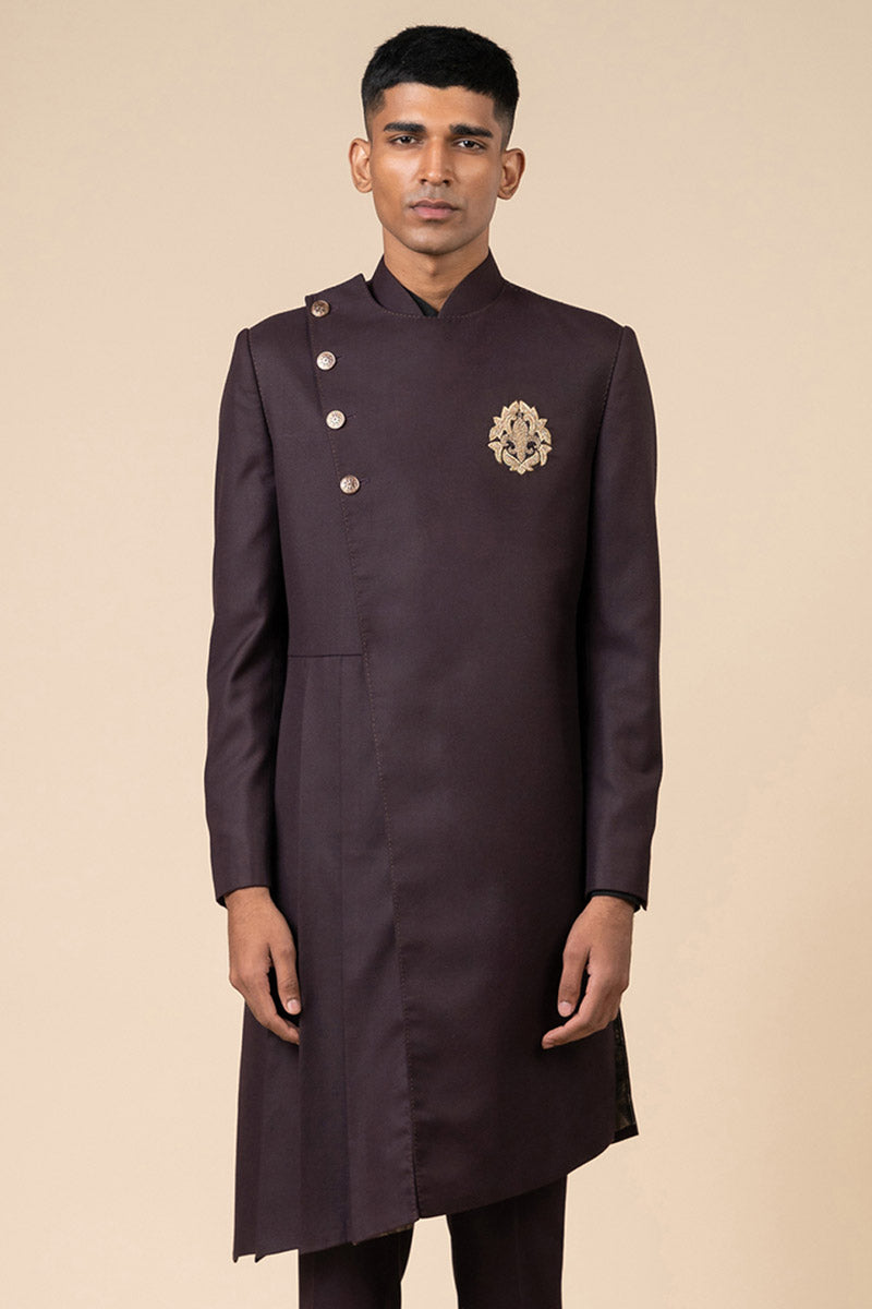 Wine Asymmetric Indo Western With Embroidered Crest