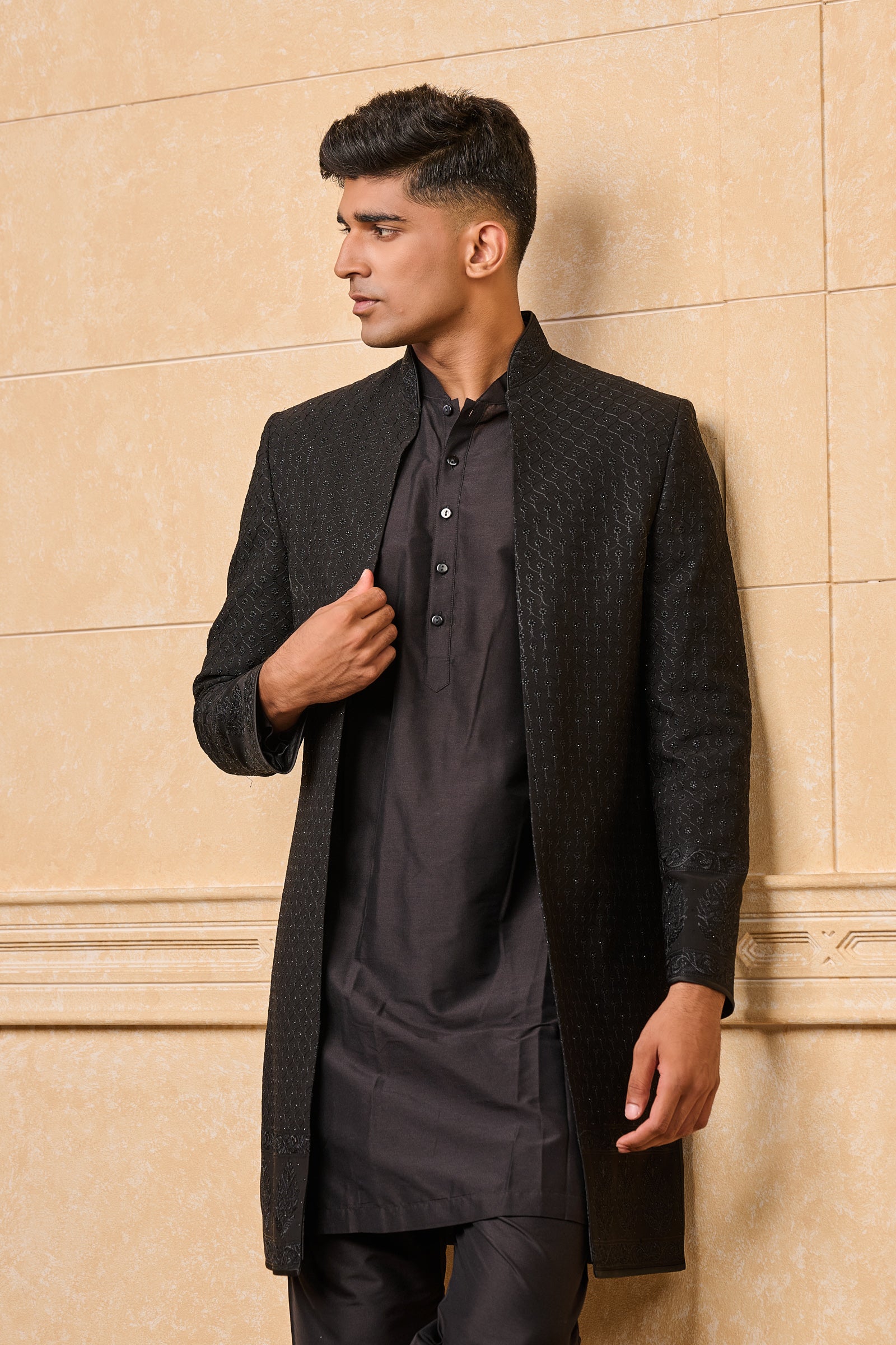 Black Schiffli Hotfix Embroidered Indo Western