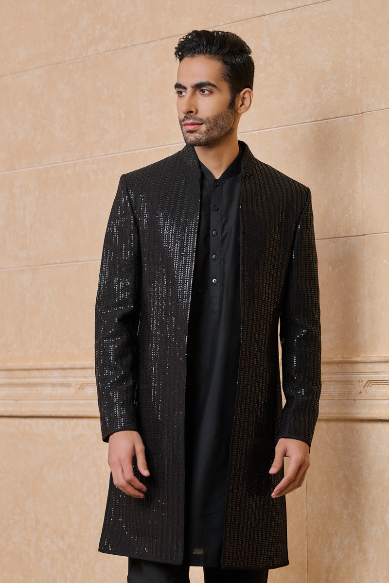 Black Open Indo Western With Embroidered Collar