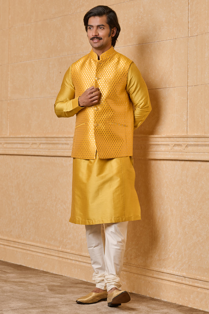 Yellow Resham Brocade Kurta Bundi Set