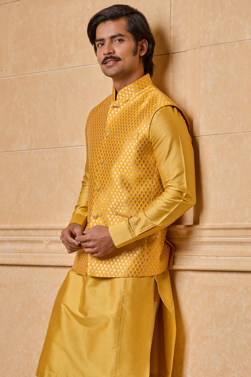 Yellow Resham Brocade Kurta Bundi Set