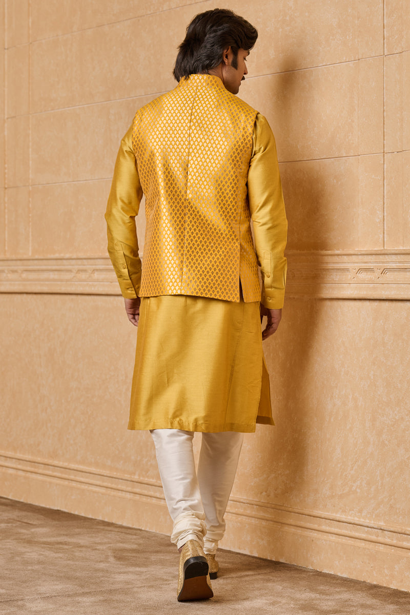 Yellow Resham Brocade Kurta Bundi Set