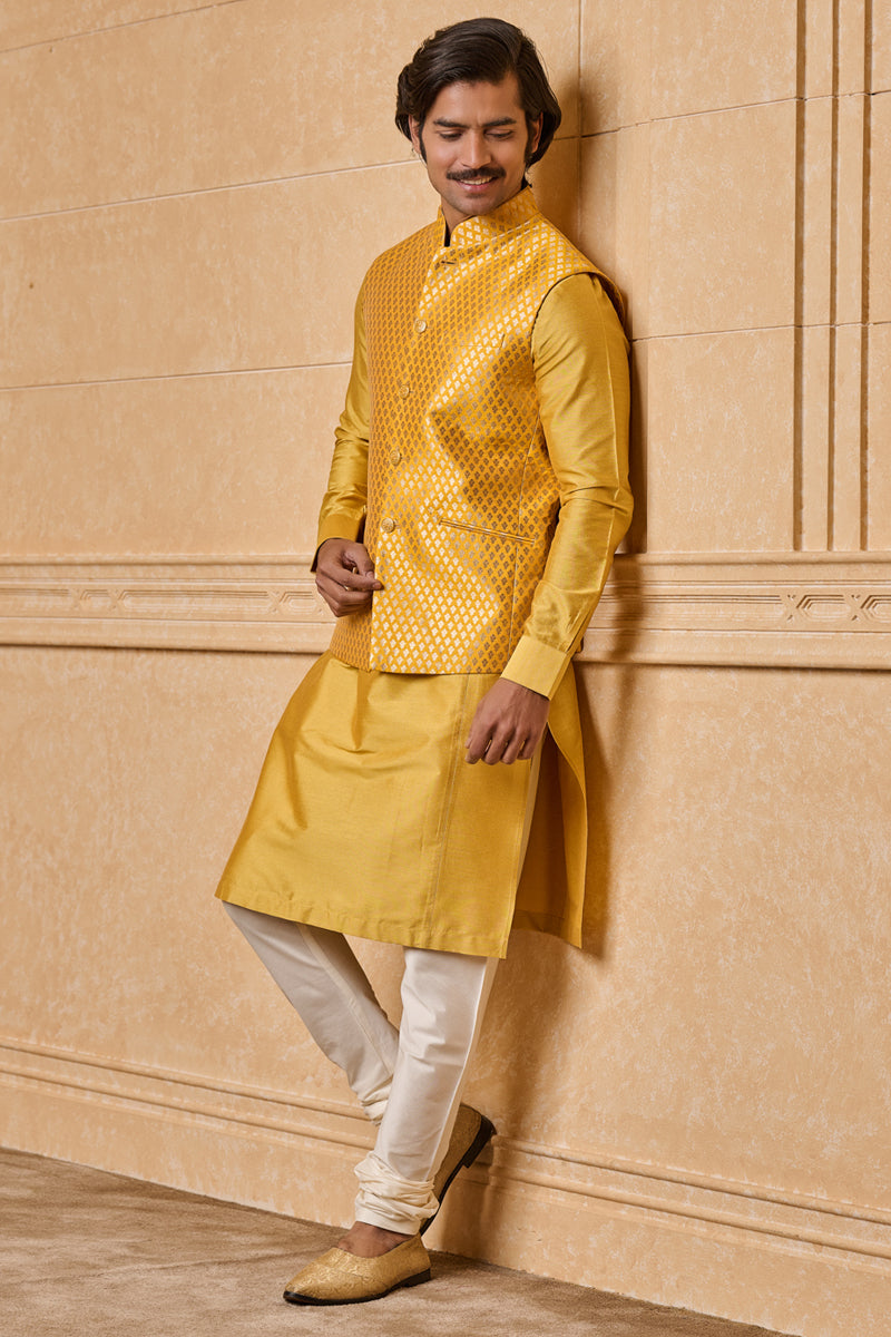 Yellow Resham Brocade Kurta Bundi Set