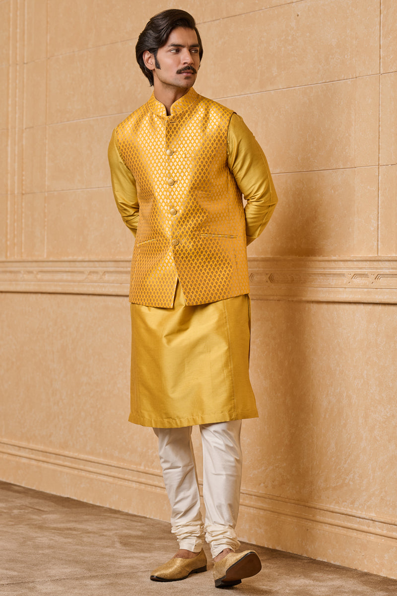 Yellow Resham Brocade Kurta Bundi Set