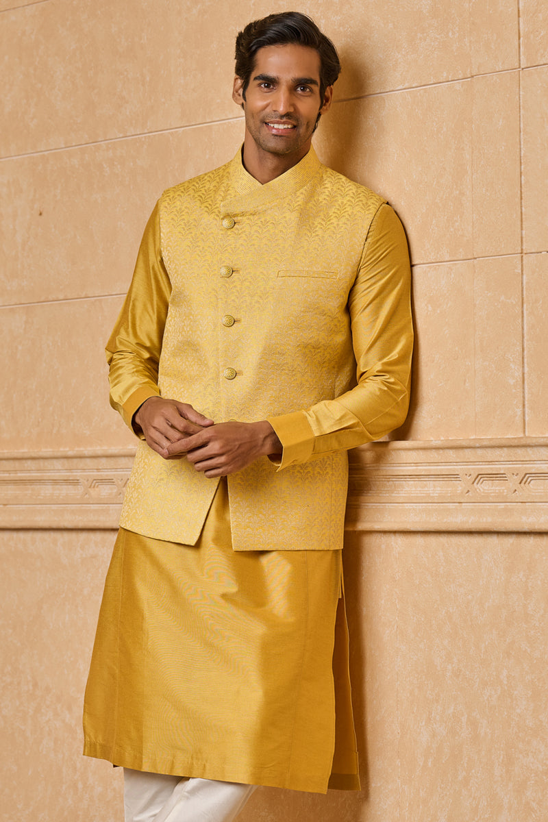 Yellow Asymmetric Jacquard Kurta Bundi Set