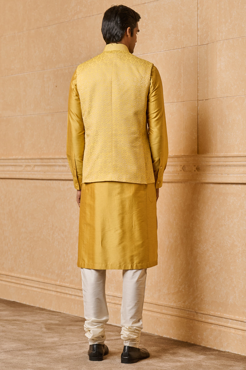 Yellow Asymmetric Jacquard Kurta Bundi Set