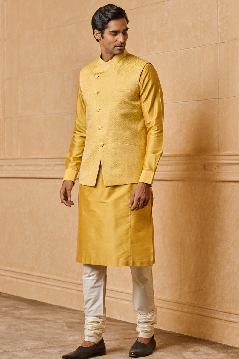 Yellow Asymmetric Jacquard Kurta Bundi Set