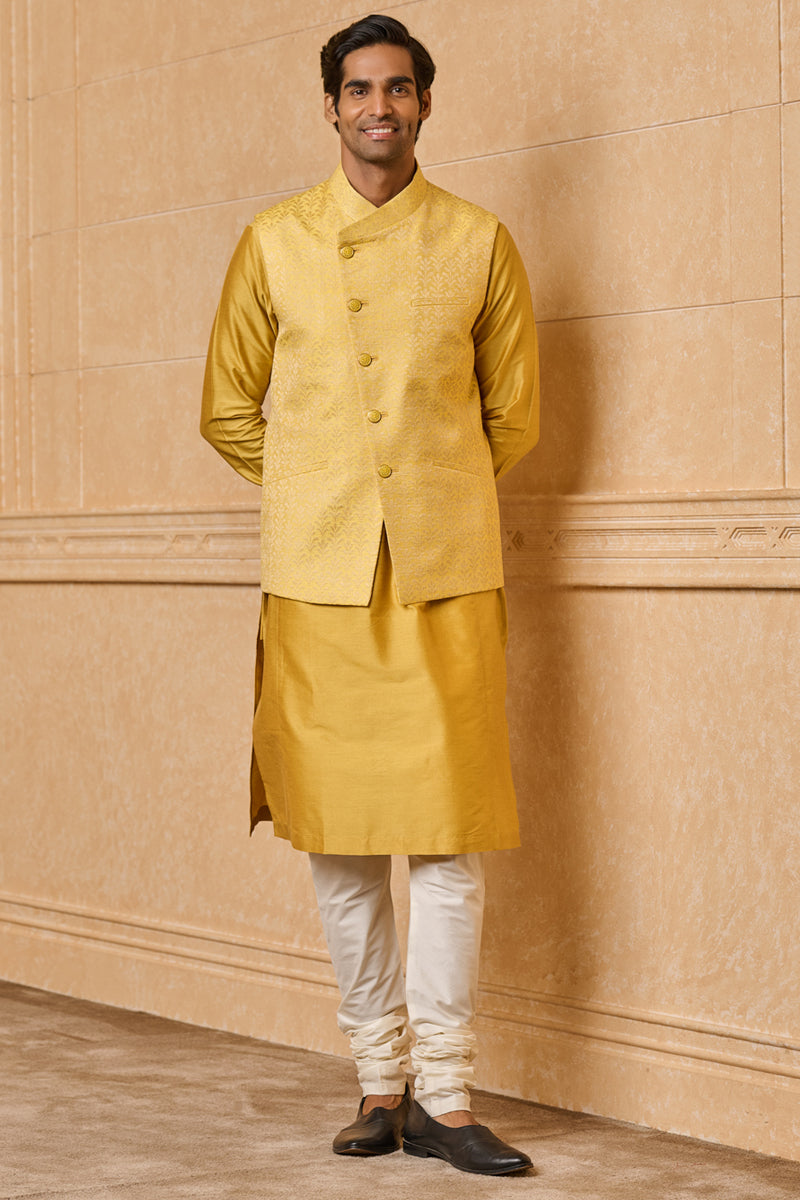 Yellow Asymmetric Jacquard Kurta Bundi Set