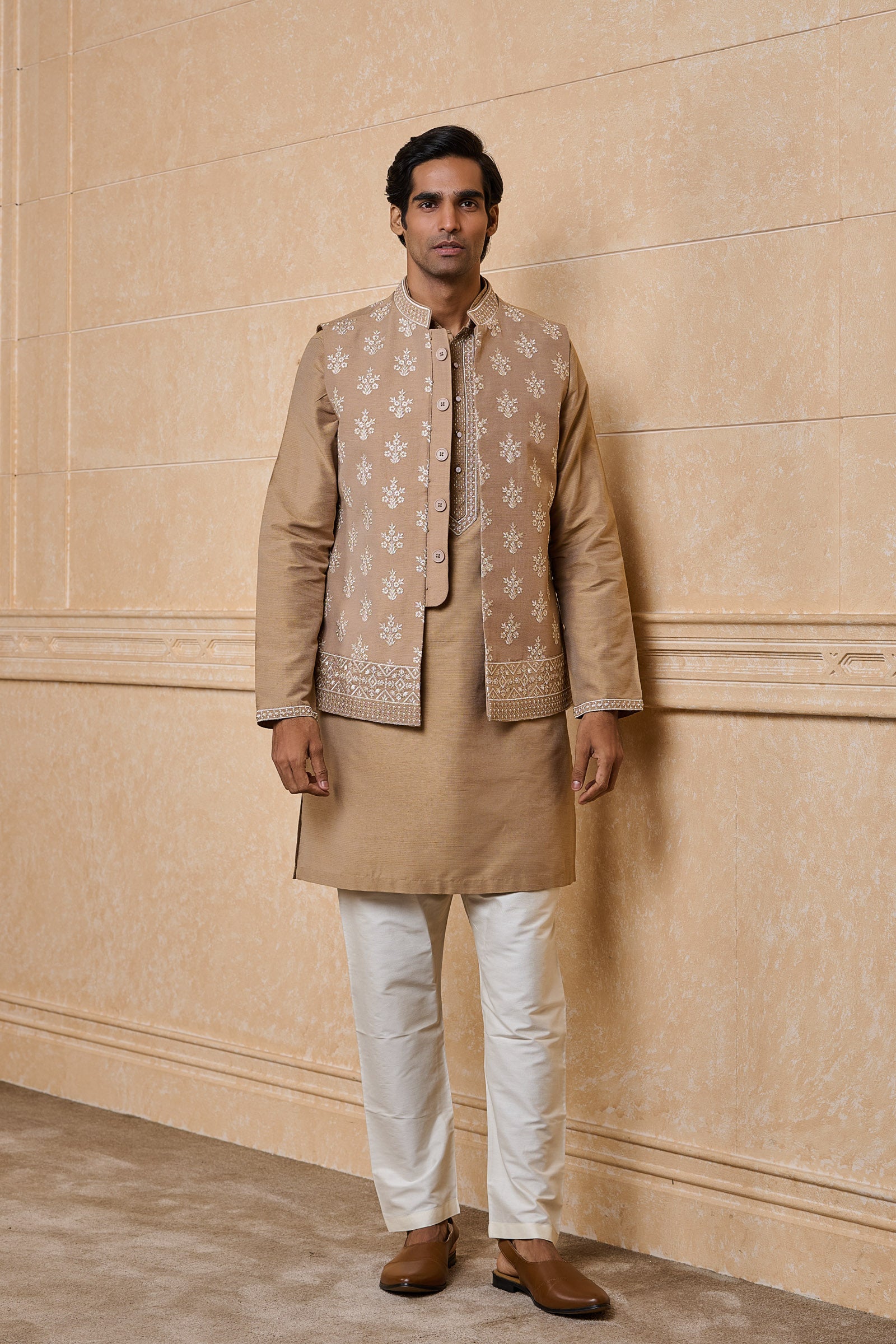 Beige All Over Embroidered Kurta Bundi Set