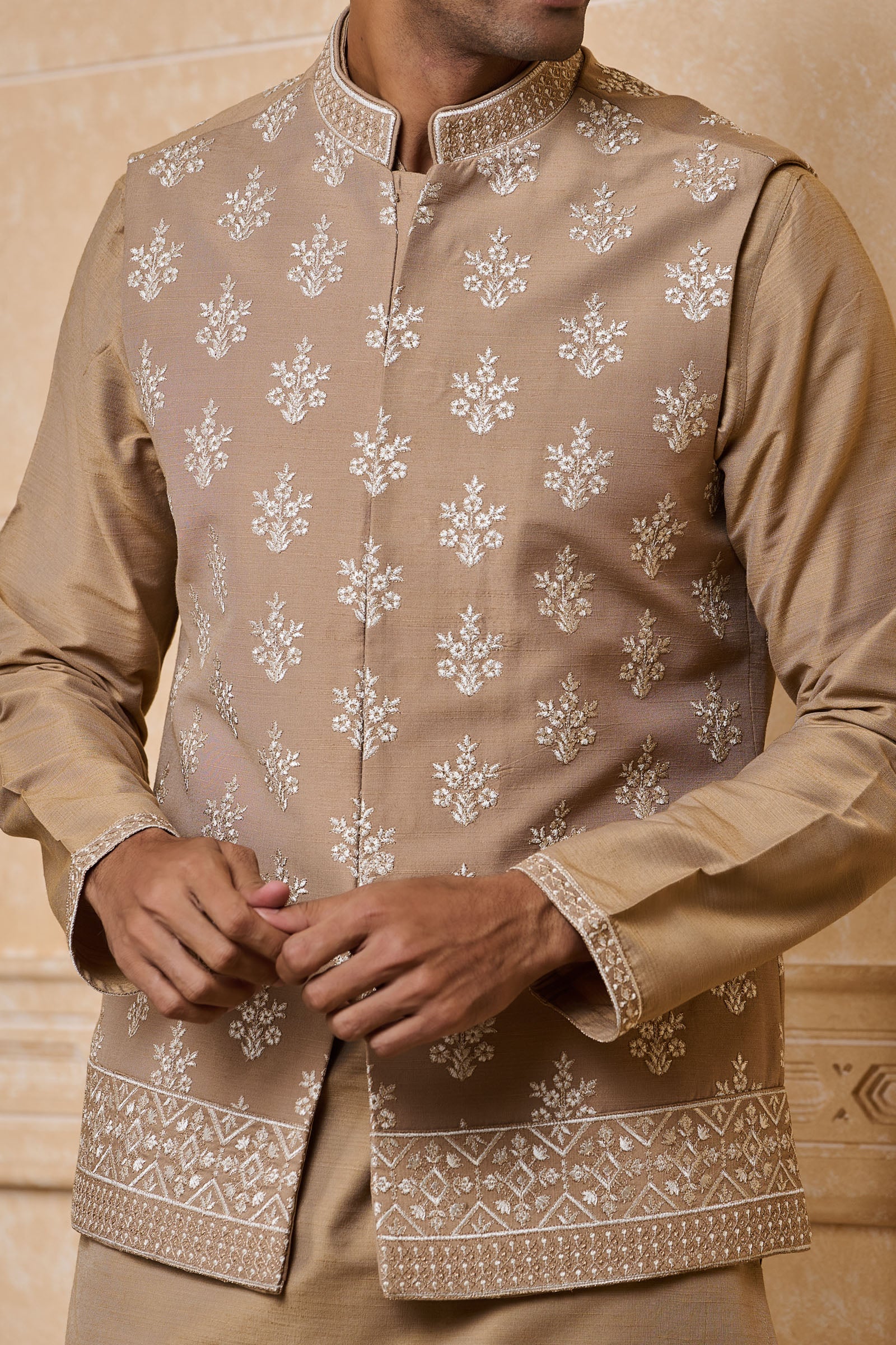 Beige All Over Embroidered Kurta Bundi Set