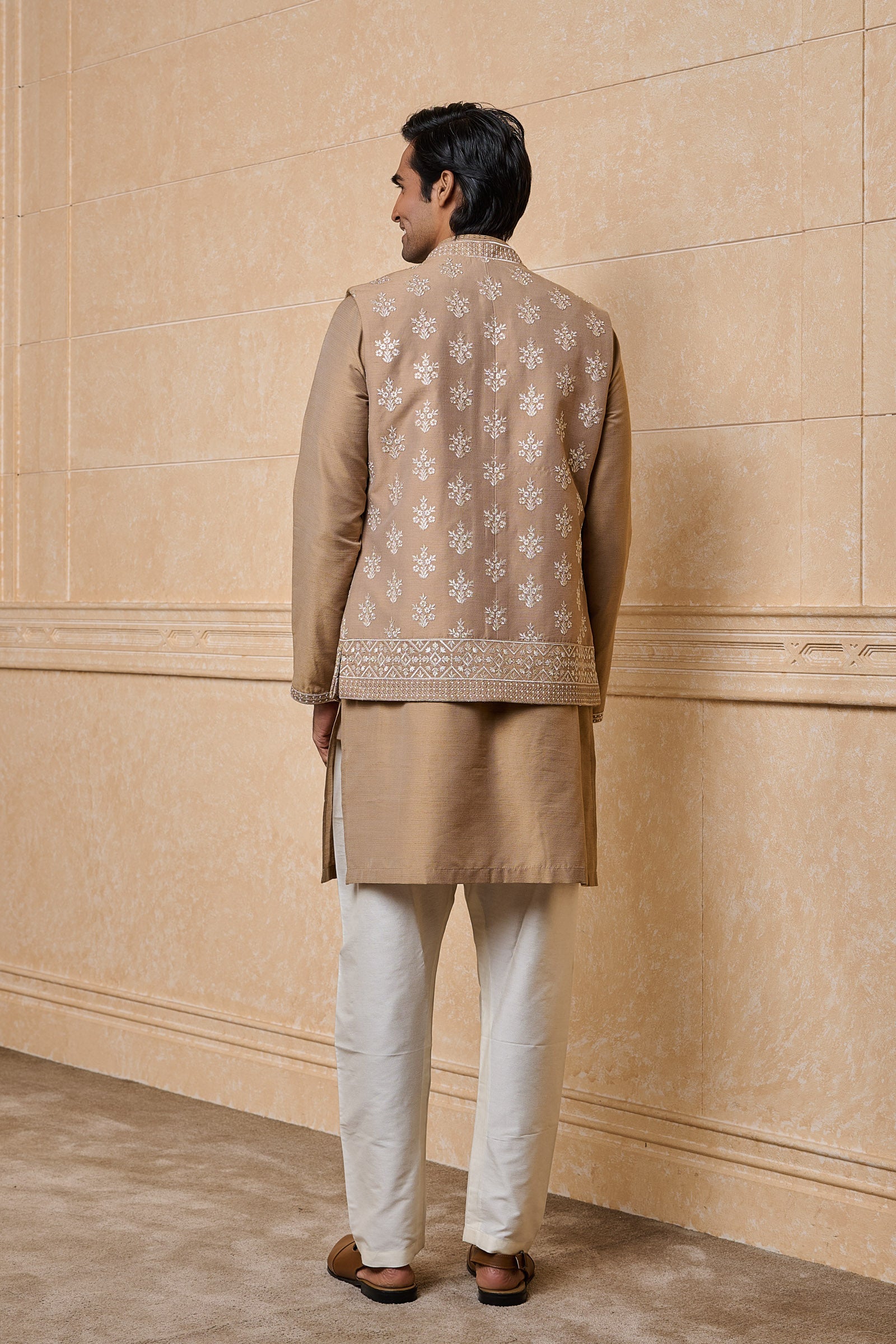 Beige All Over Embroidered Kurta Bundi Set