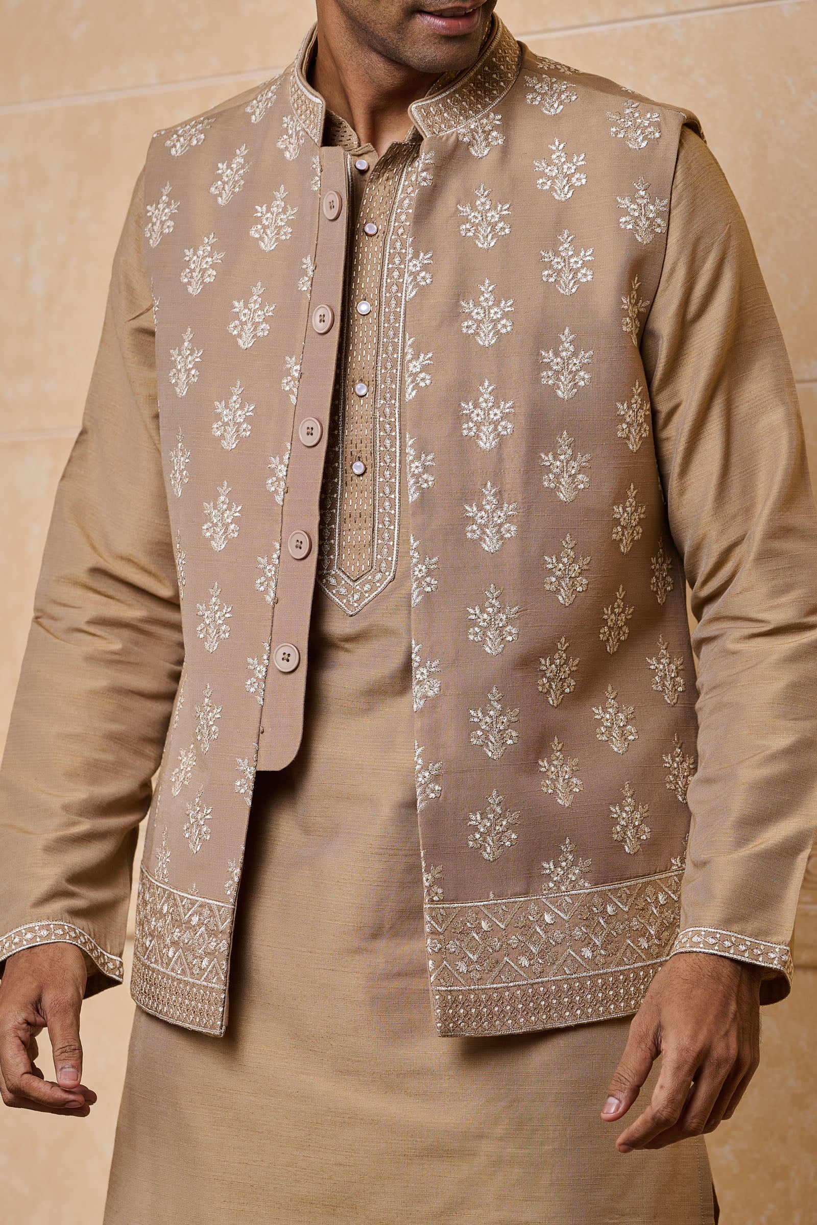 Beige All Over Embroidered Kurta Bundi Set