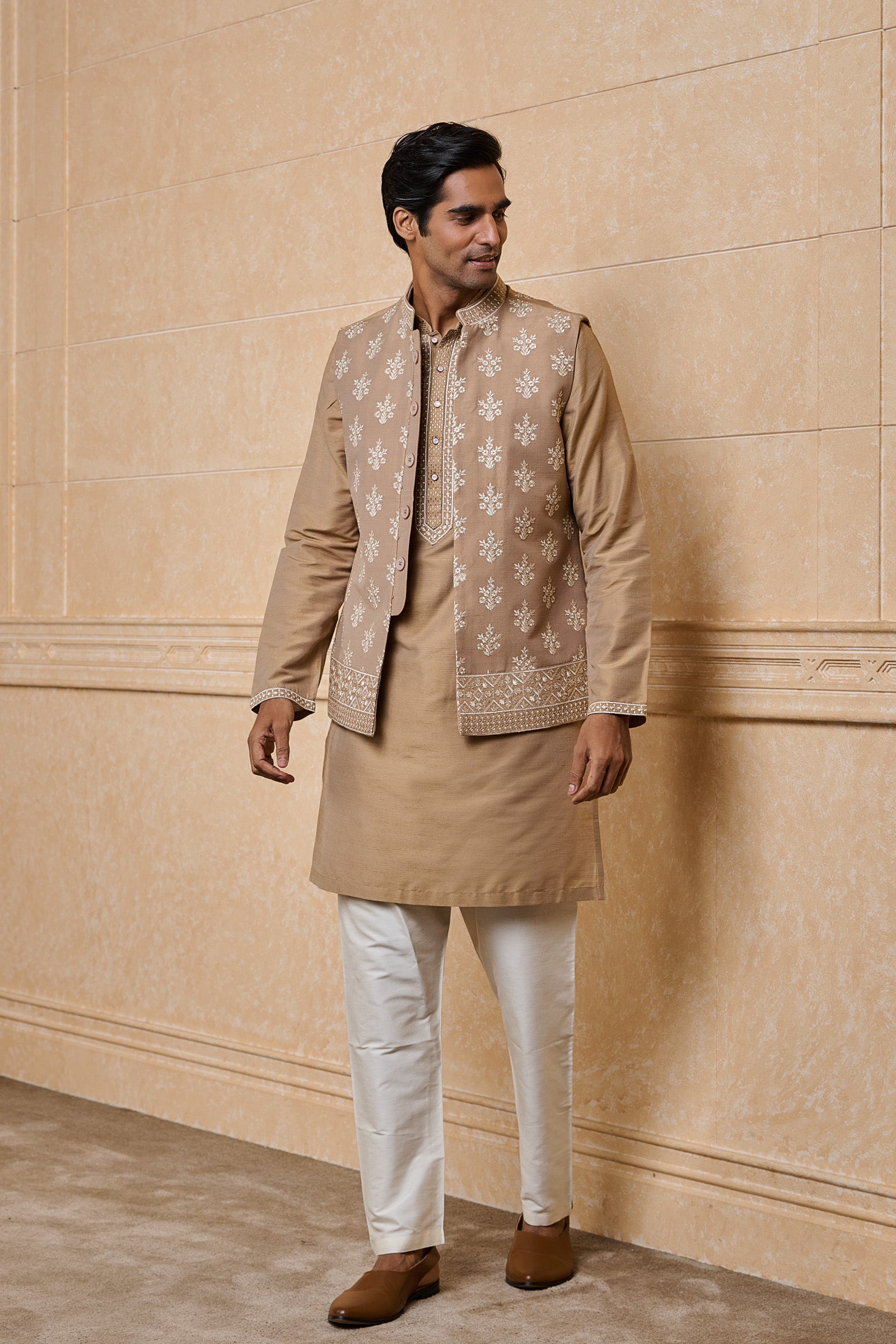 Beige All Over Embroidered Kurta Bundi Set