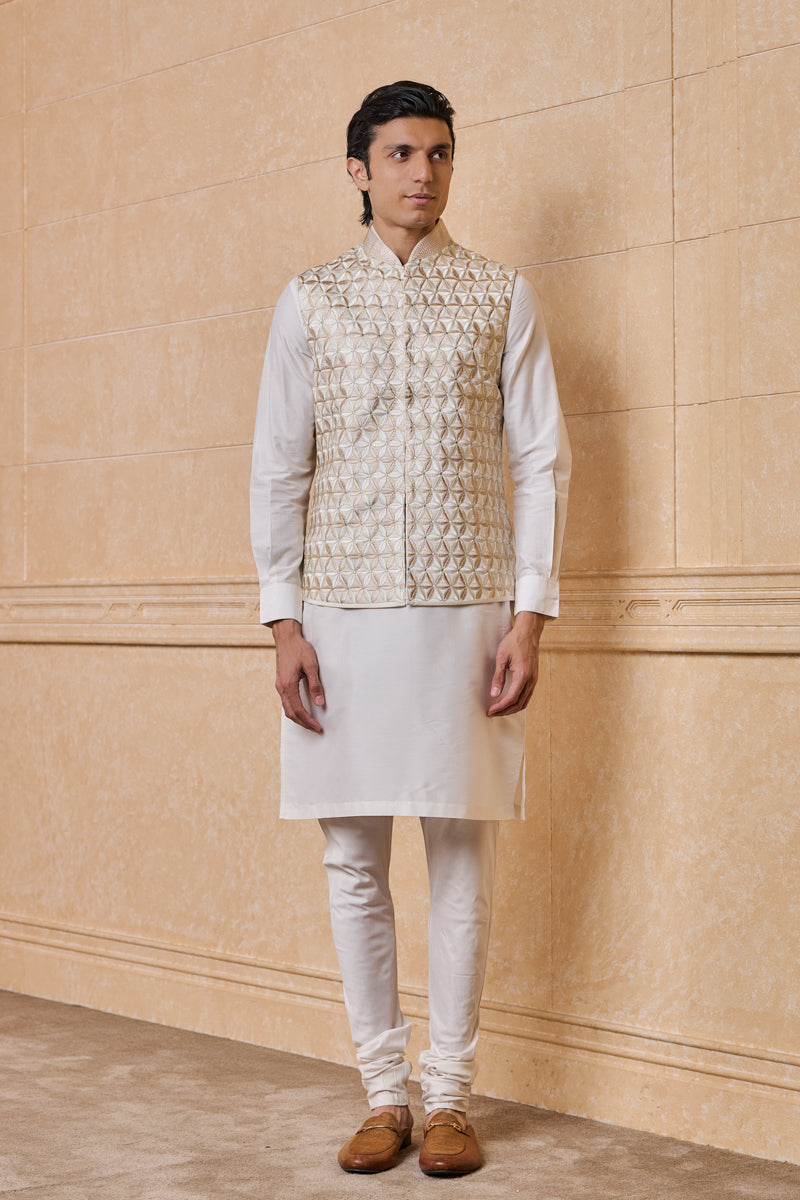 Ivory All Over Embroidered Kurta Bundi Set