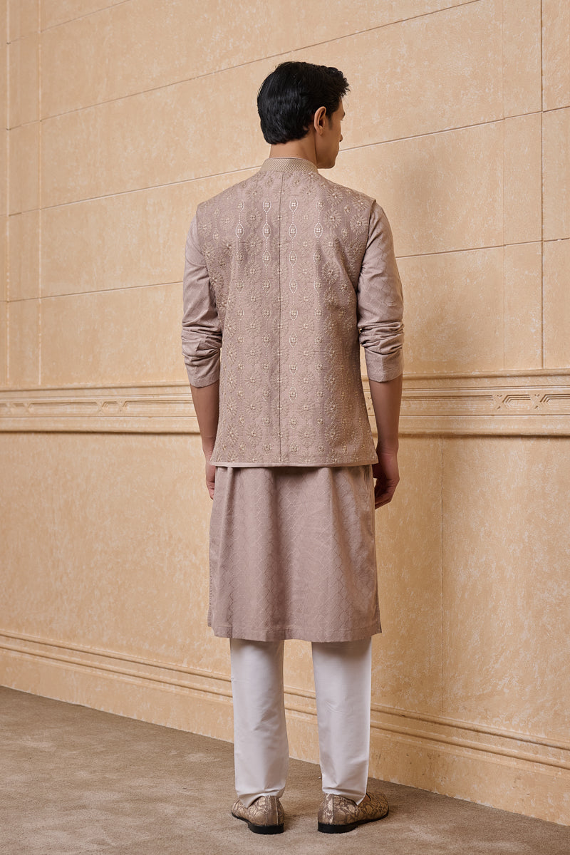 Medium Grey Raw Silk Embroidered Kurta Bundi Set