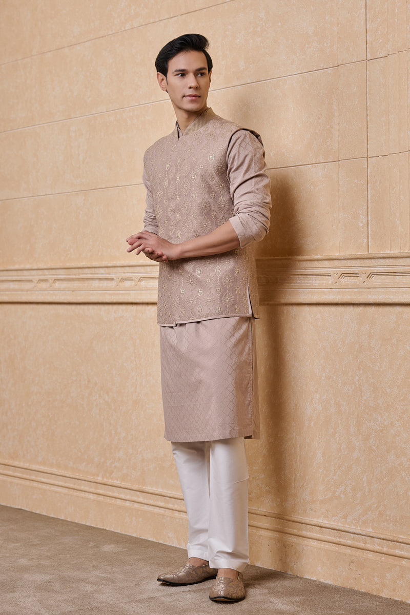 Medium Grey Raw Silk Embroidered Kurta Bundi Set