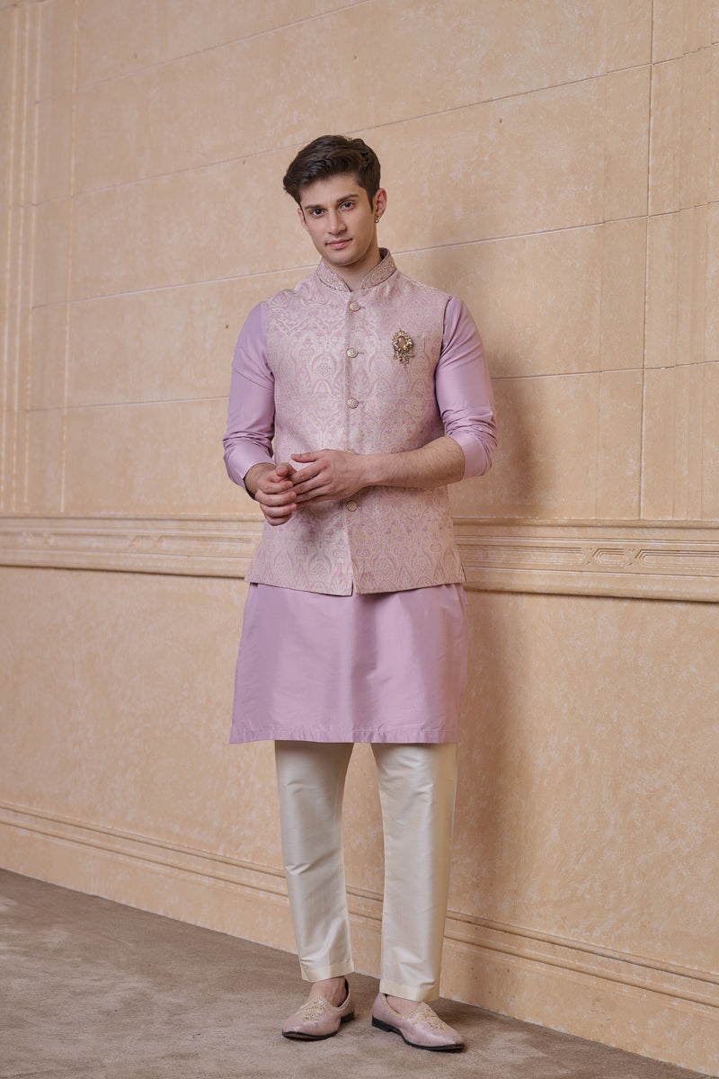 Pink Paisley Brocade Kurta Bundi Set