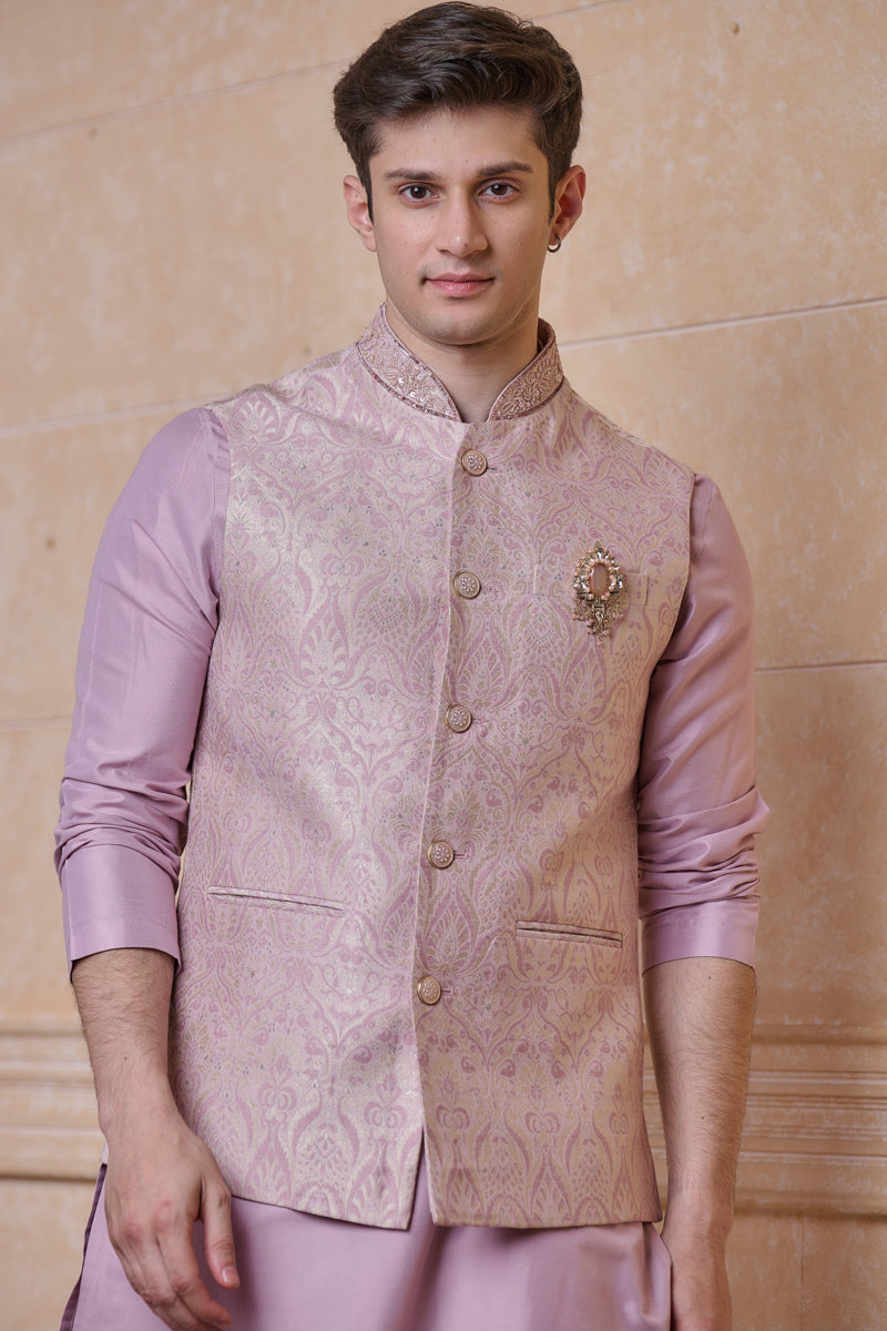 Pink Paisley Brocade Kurta Bundi Set