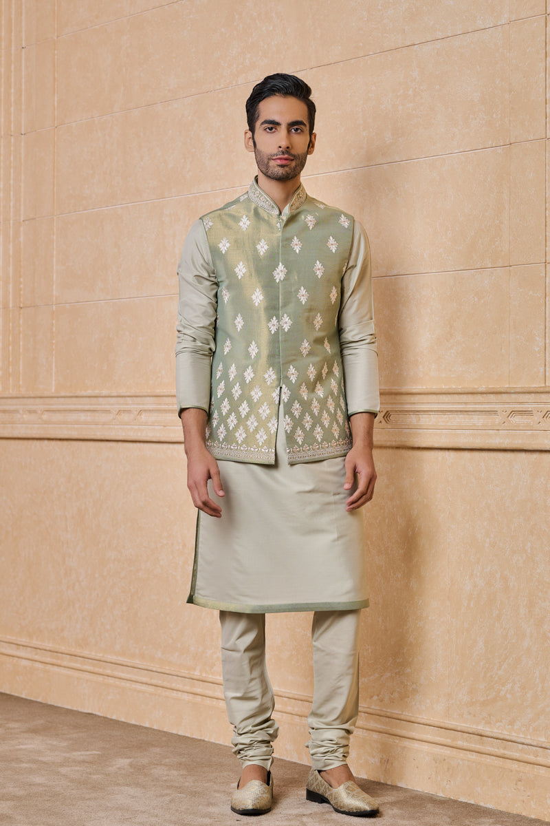 Light Green All Over Embroidered Kurta Bundi Set