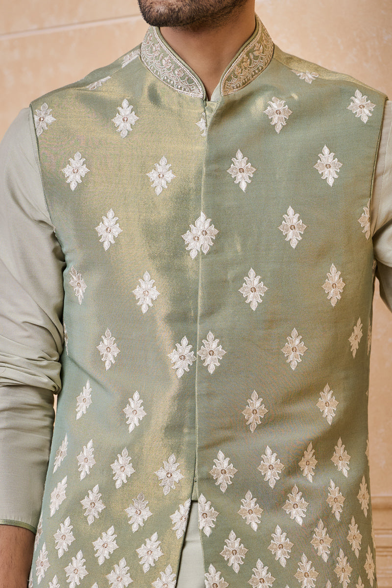 Light Green All Over Embroidered Kurta Bundi Set