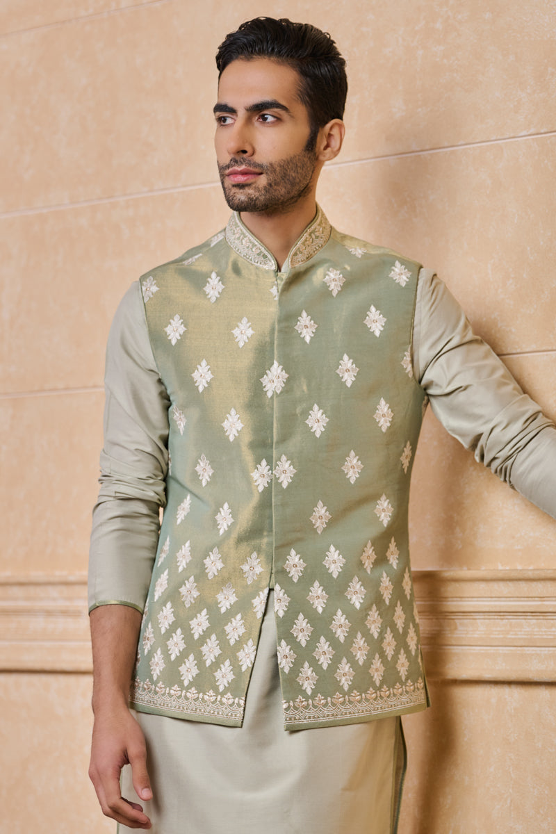 Light Green All Over Embroidered Kurta Bundi Set