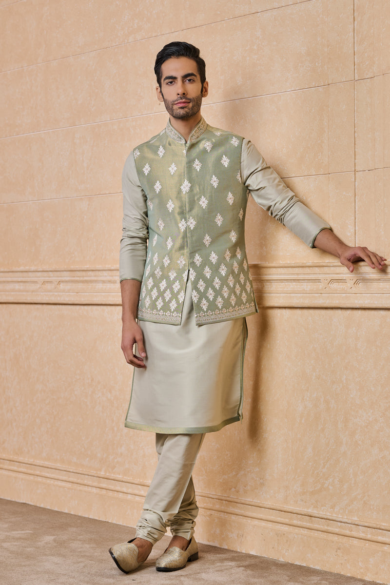 Light Green All Over Embroidered Kurta Bundi Set