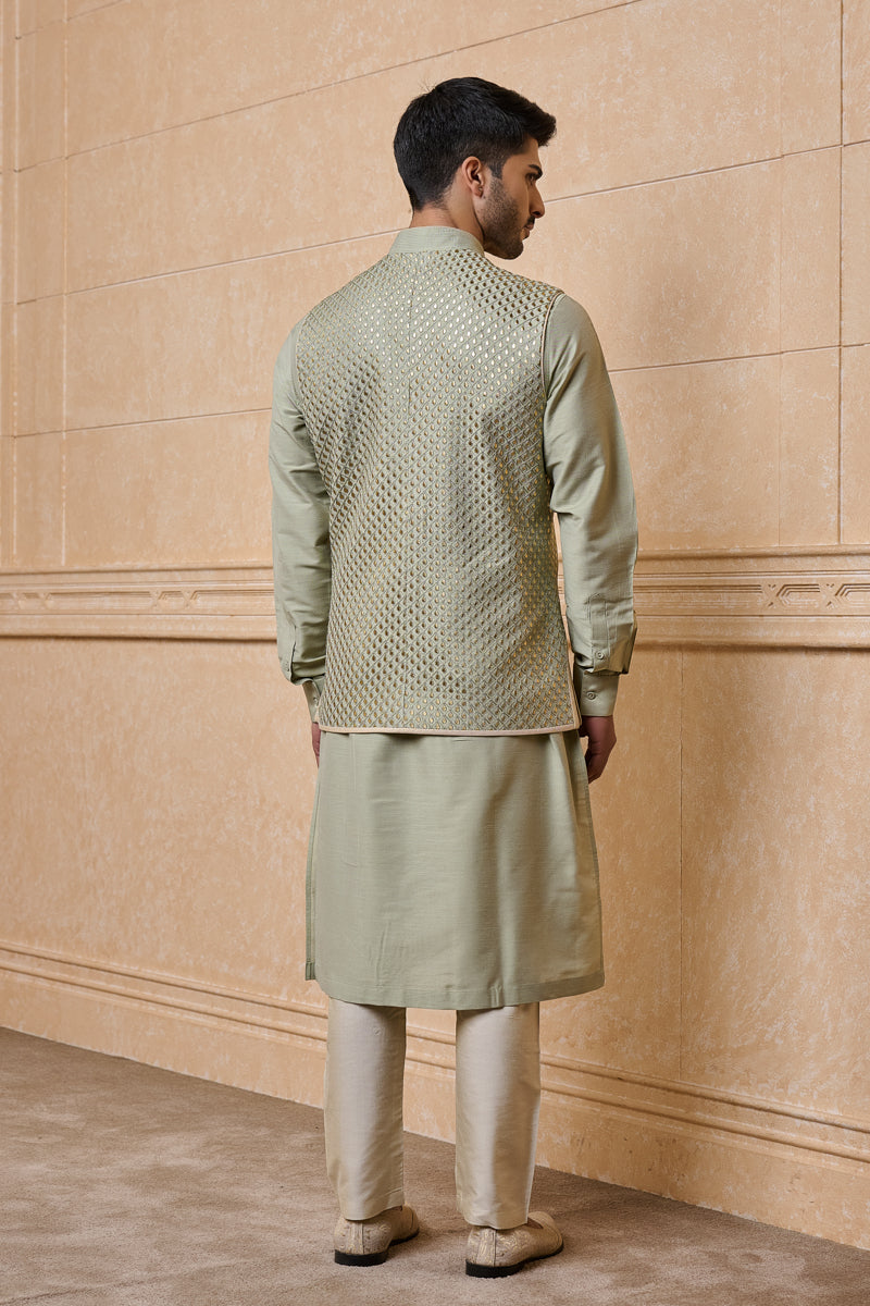 Light Green All Over Embroidered Kurta Bundi Set