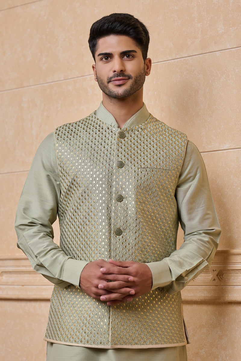 Light Green All Over Embroidered Kurta Bundi Set