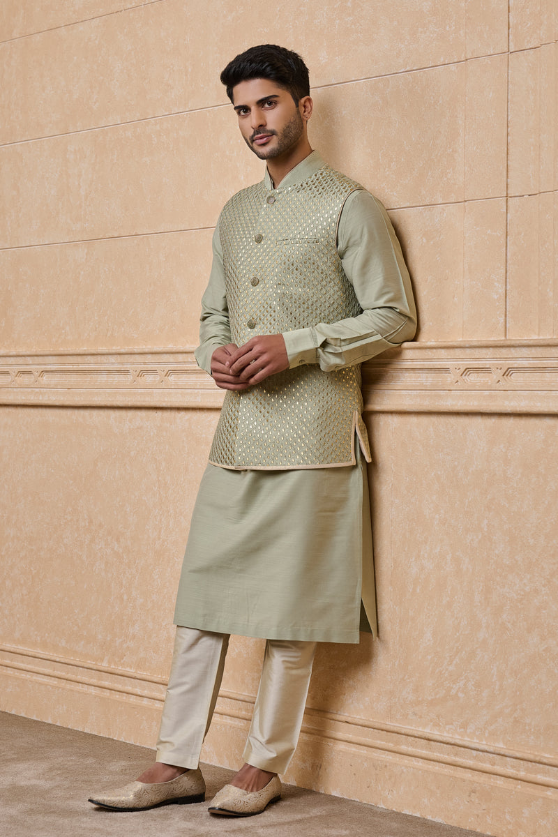 Light Green All Over Embroidered Kurta Bundi Set