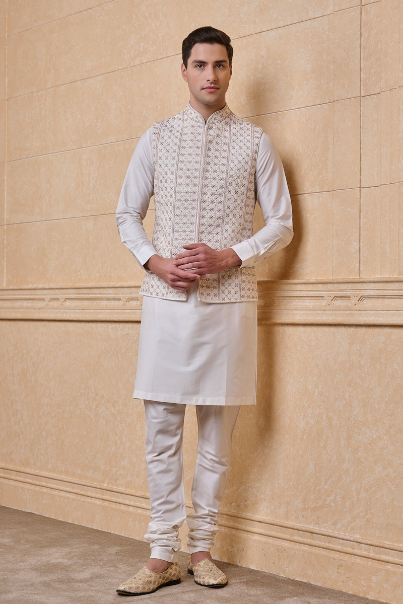 Ivory All Over Embroidered Kurta Bundi Set