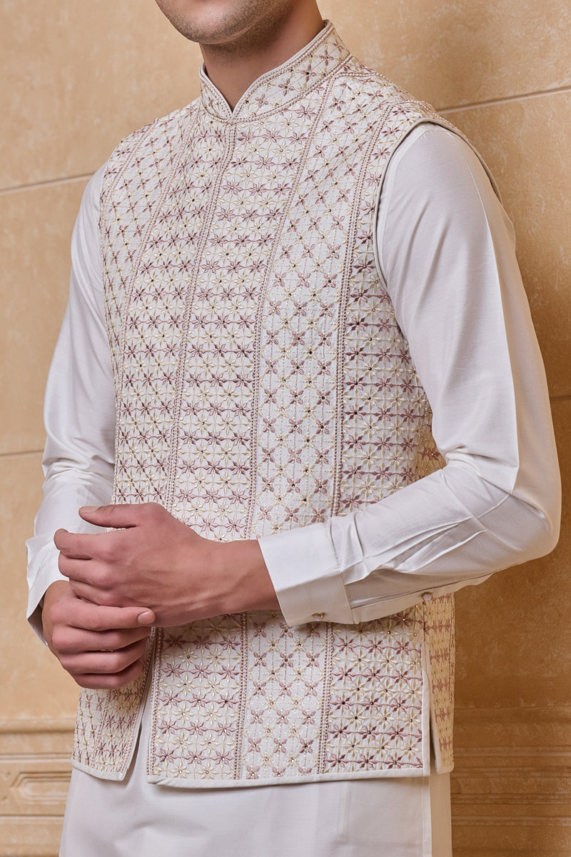 Ivory All Over Embroidered Kurta Bundi Set