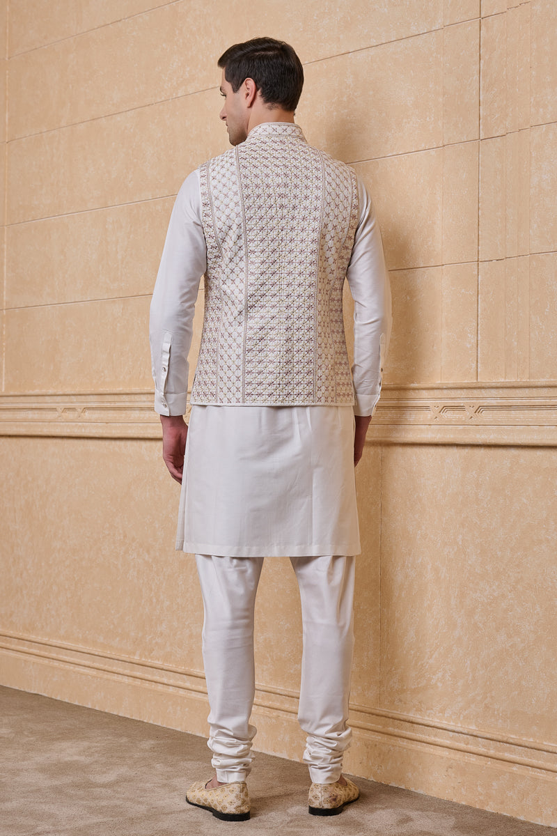 Ivory All Over Embroidered Kurta Bundi Set