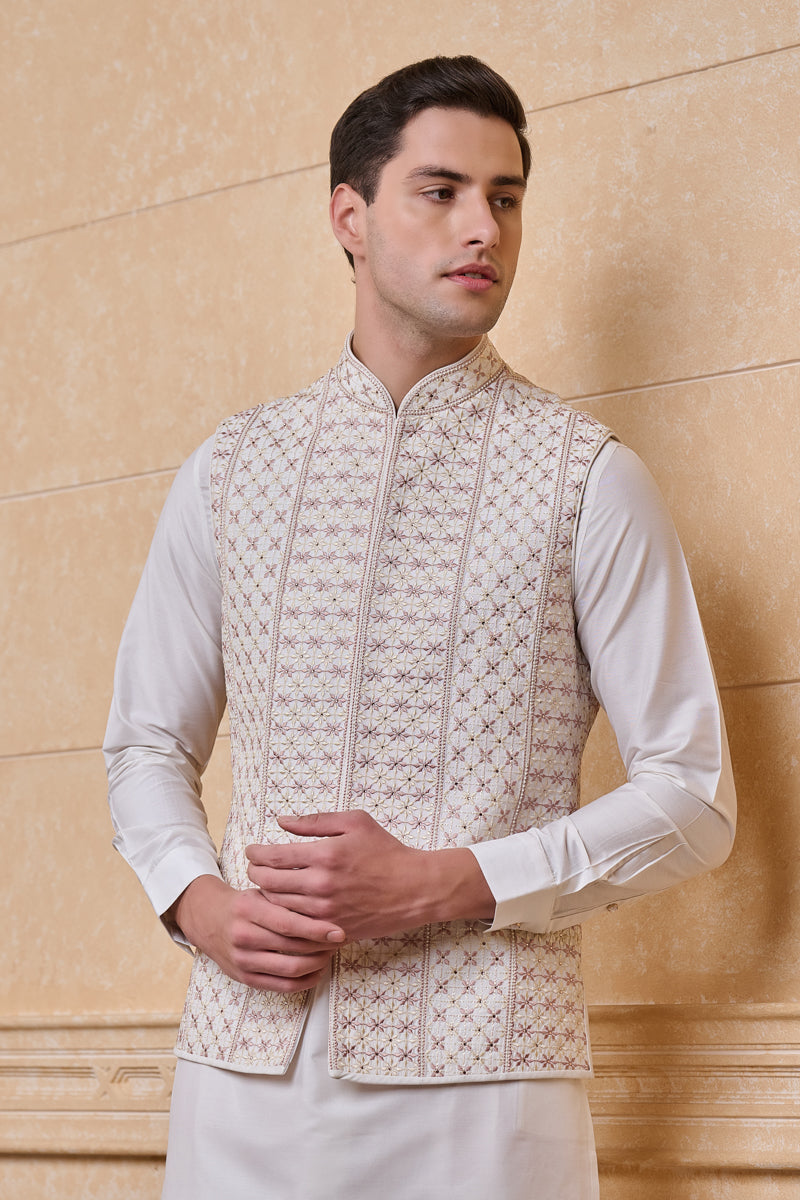 Ivory All Over Embroidered Kurta Bundi Set